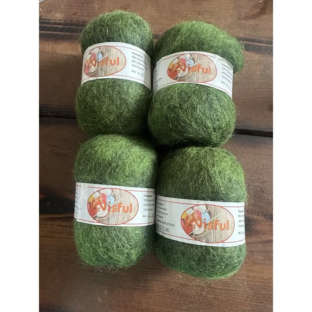 Angora mohair and wool cashmere yarn green lot of 4 NEW Knitting crafts
